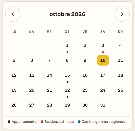 Agenda di ottobre 2026 con il calendario del mese e i segni per appuntamenti, scadenze stimate e cambio gomme stagionale.