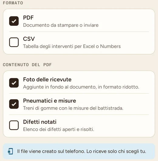 Schermata «Esporta lo storico»: formato PDF o CSV e scelta dei contenuti del PDF, cioè foto delle ricevute, pneumatici e misure, difetti notati.