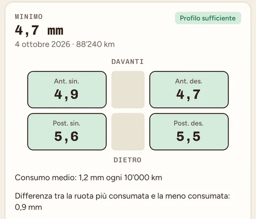 Treno di gomme estivo: profondità del battistrada delle quattro ruote, minimo 4,7 mm, stato «Profilo sufficiente» e consumo medio.