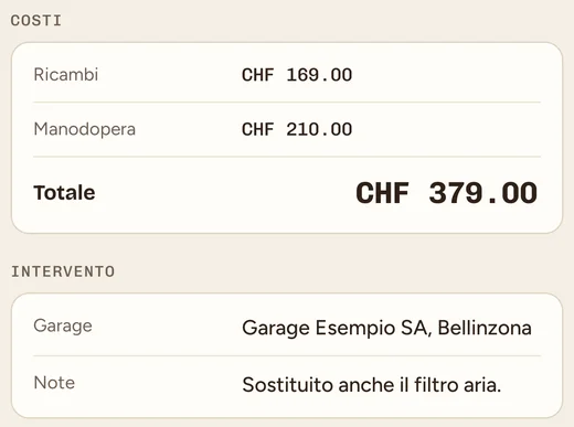 Intervento «Servizio annuale»: ricambi CHF 169.00, manodopera CHF 210.00, totale CHF 379.00, garage e note.