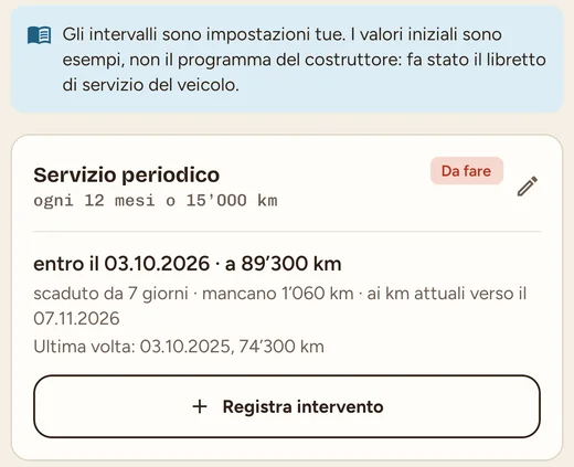 Piano di manutenzione dell’«Utilitaria»: la voce «Servizio periodico», ogni 12 mesi o 15’000 km, entro il 03.10.2026 o a 89’300 km, con lo stato «Da fare».