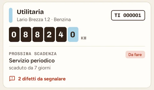 Scheda del veicolo «Utilitaria» con targa TI 000001, contachilometri a 88’240 km e prossima scadenza.
