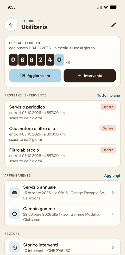 Pagina del veicolo «Utilitaria»: contachilometri a 88’240 km, prossimi interventi con lo stato «Da fare» e due appuntamenti in programma.